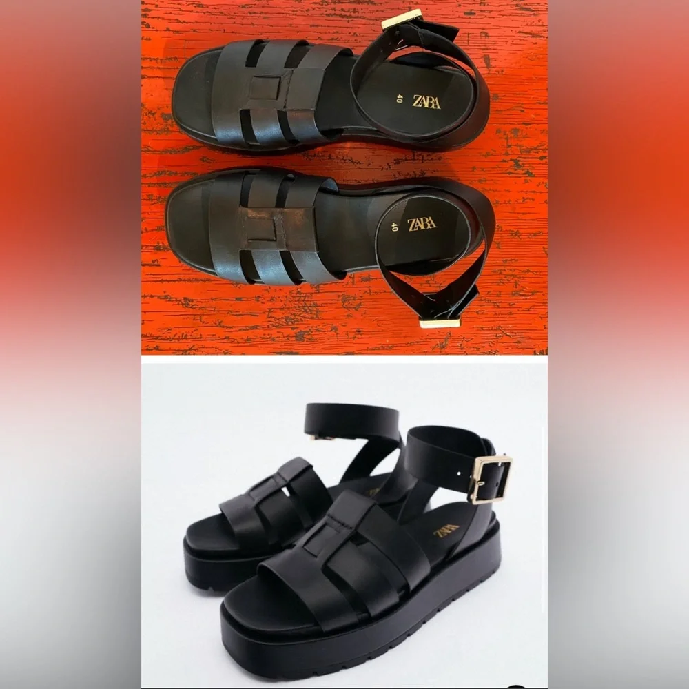 🖤HP🖤 Authentic Leather Zara Platform Chunky Fisherman Sandals US 9 EU 40 - Picture 1 of 12